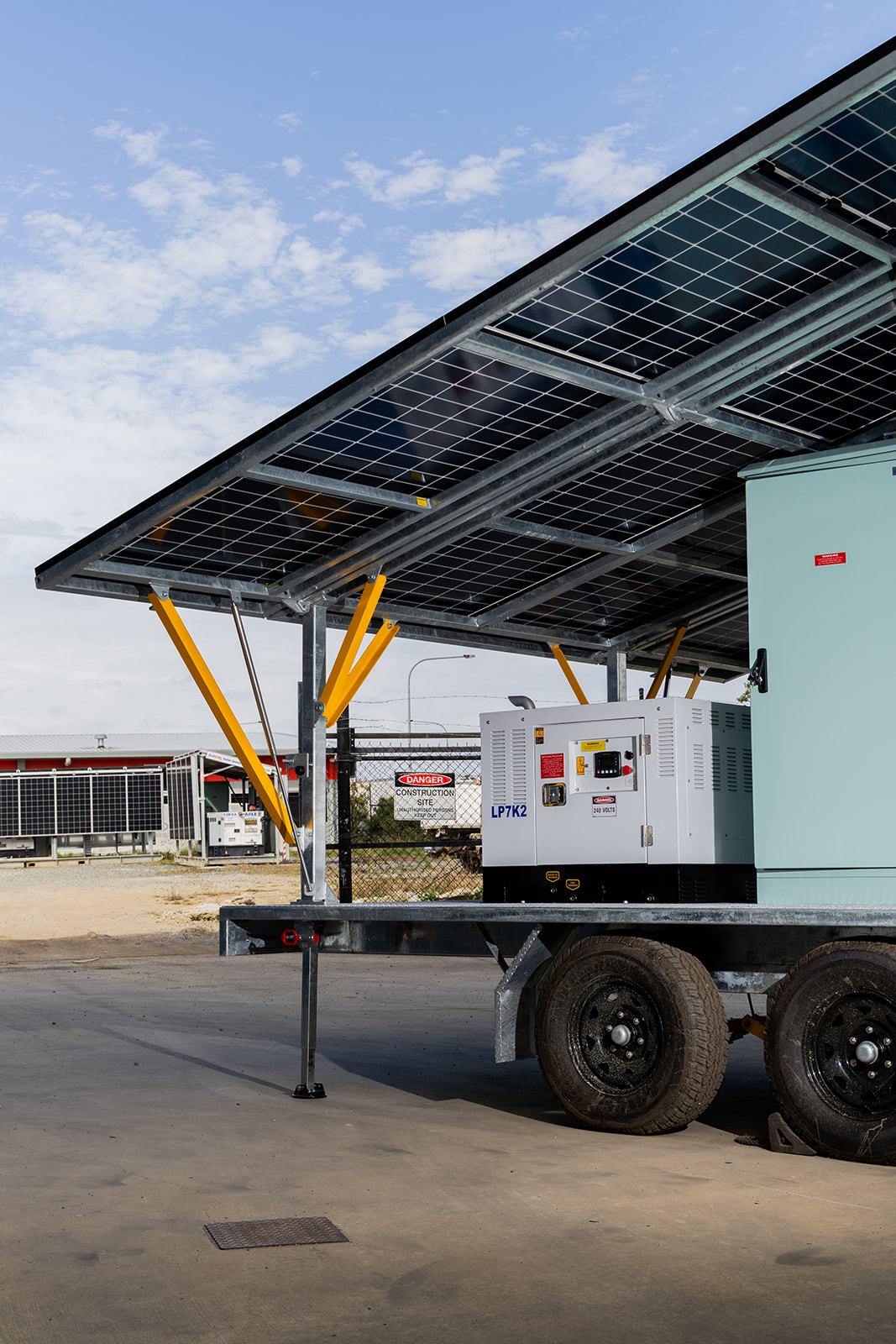 Close detail of a solar panel array corner on a CSE Linked Solar Trailer, Mackay